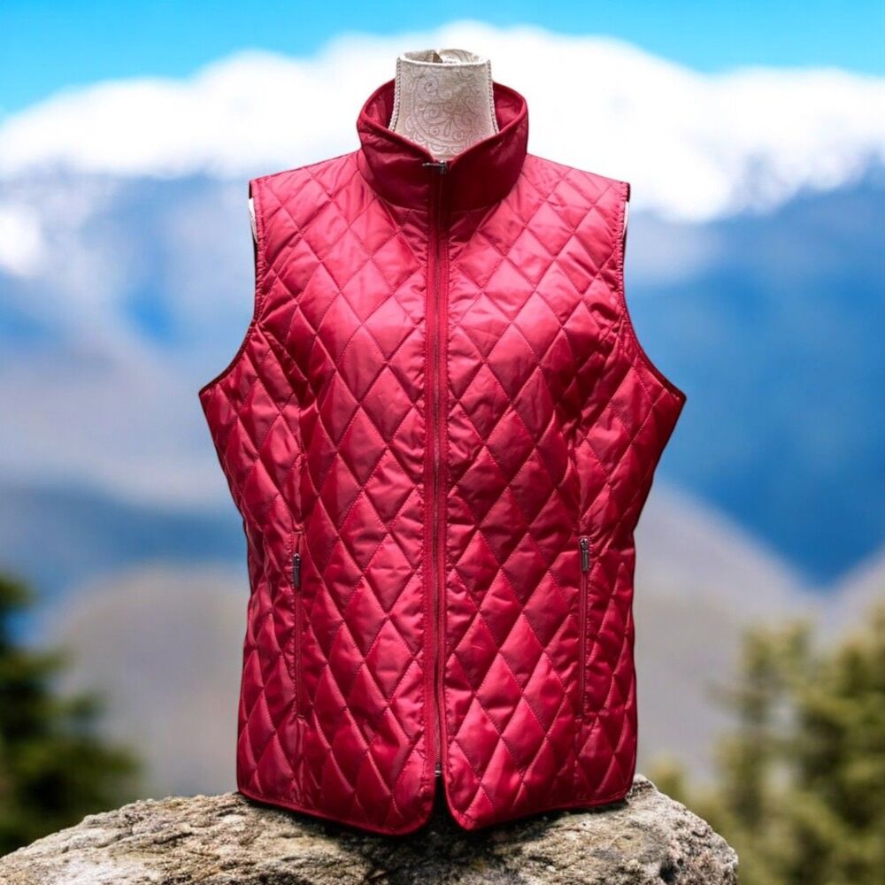 Lands’ End Women’s Red Quilted Vest XL Lightweight Zip Pockets Primaloft